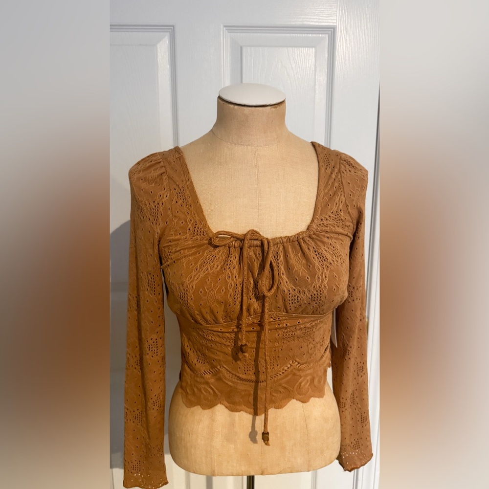 Chic Tan Lace Blouse with Tie-Front